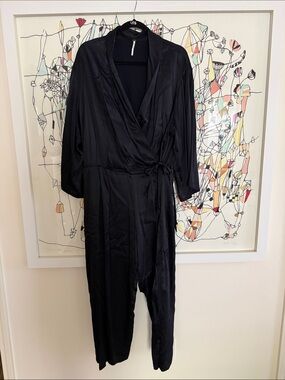 Free People Black Satin Wrap Jumpsuit